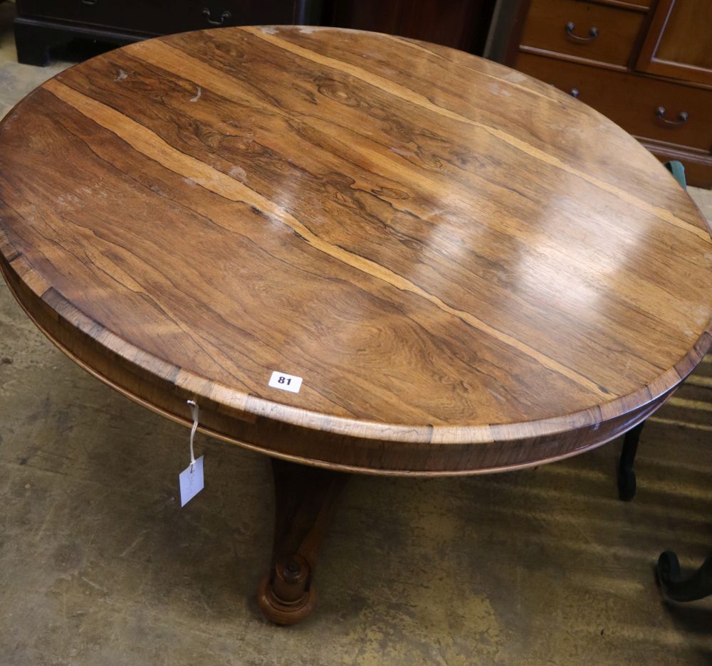 A Victorian rosewood circular topped breakfast table, diameter 113cm height 73cm